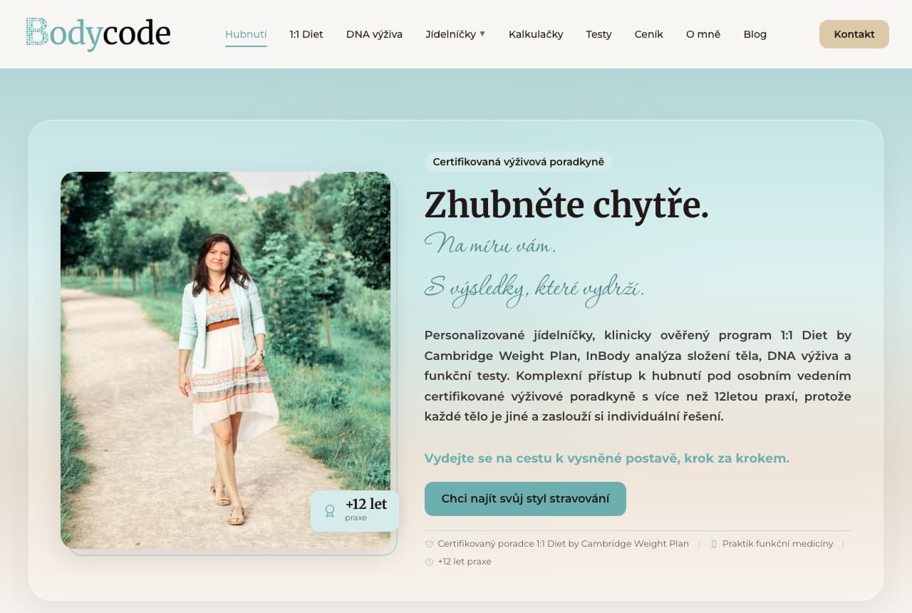 Web bodycode.cz, hero sekce s nadpisem Zhubněte chytře